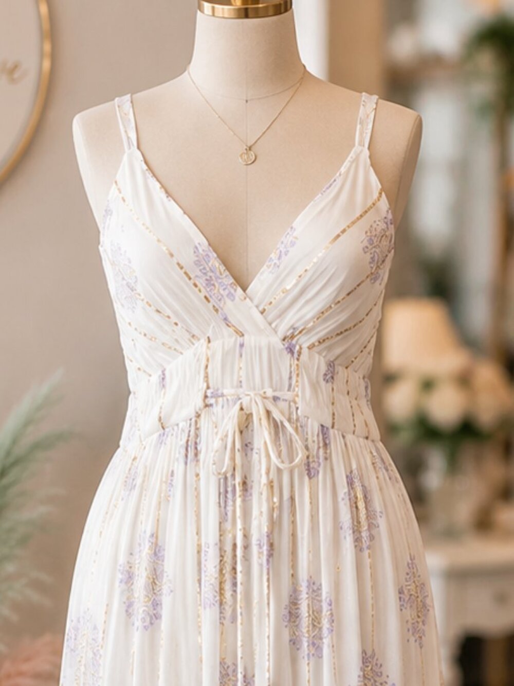 White & Lavender Coastal Maxi Dress Boho Vacation beach Resort - Picture 3 of 4